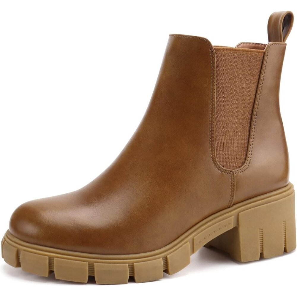 Women Brown Suede Double Elastic Slip On Mid Heel Platform Chelsea Ankle Booties